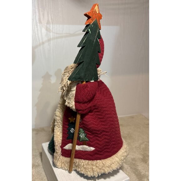 Rustic Santa Claus Tree Topper Figurine Wood Tree & Lantern 14" Quilted Christma - Picture 5 of 8